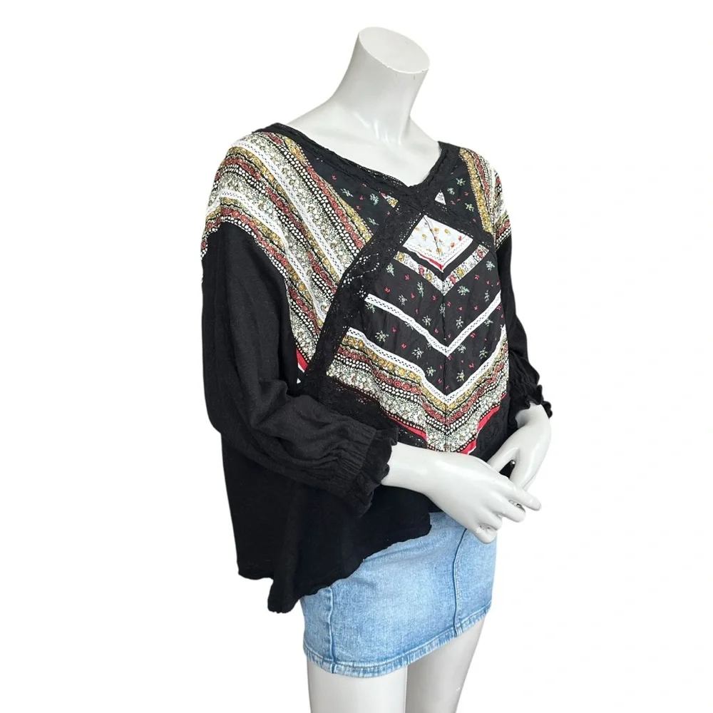 Free People Prairie Days Black & Floral Rustic Boho Linen Cotton Blouse Small